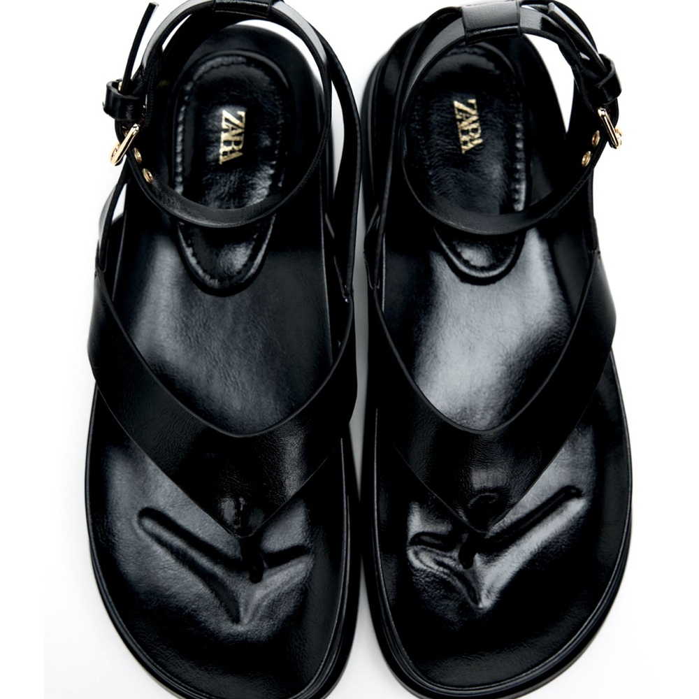 Zara Black Leather sandals with Gold Eyelets